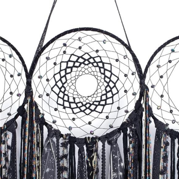 Black Triple Moon Goddess Macrame Wall Hanging, Wicca Crescent Dream Catcher - Picture 2 of 8